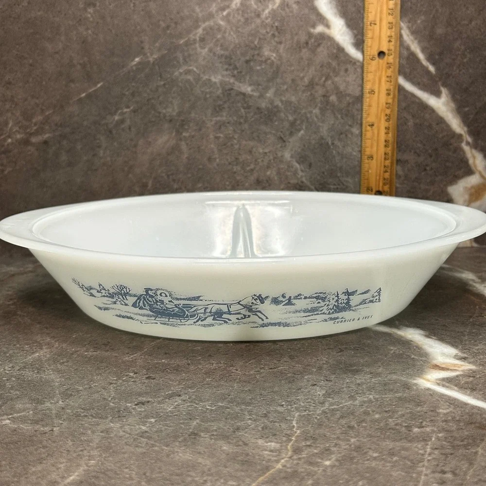 Glasbake Currier & Ives Blue Sleigh Milk Glass Divided Serving Dish Oval Cozy